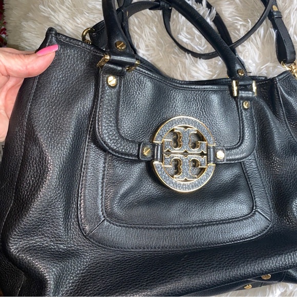 Tory Burch Amanda black pebbled leather double handles w shoulder strap hand bag - Picture 13 of 16